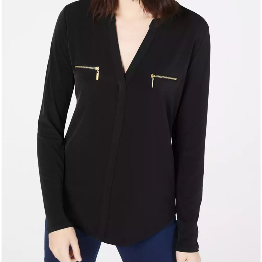 INC International Concepts Black Zip Pocket Top